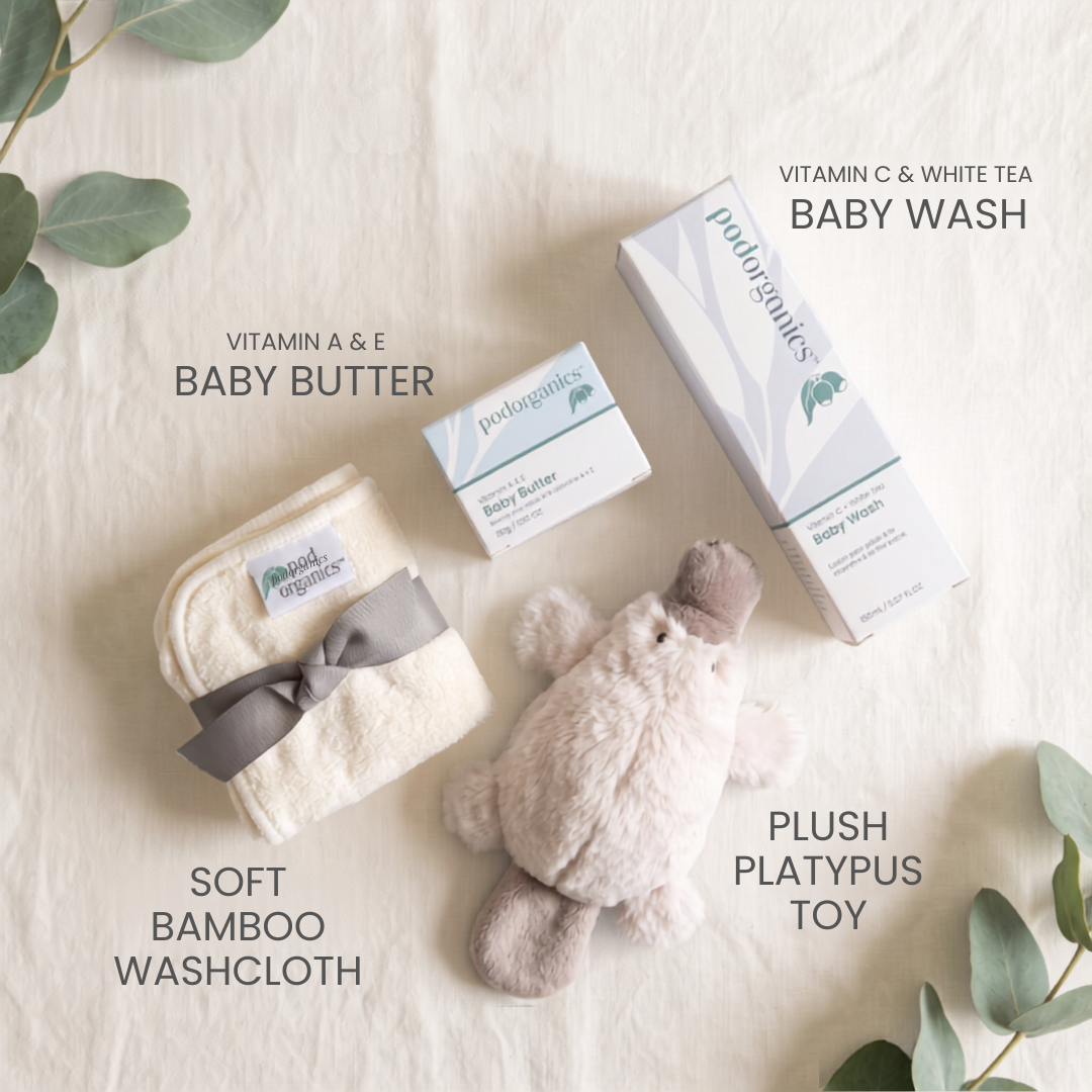 Pod Organics The First Weeks Set with Vitamin C + White Tea Baby Wash, Vitamin A+E Baby Butter, bamboo wash cloths and a plush platypus toy