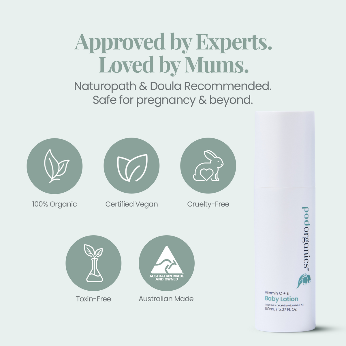 Pod Organics Vitamin C+E Baby Lotion on a pale green background