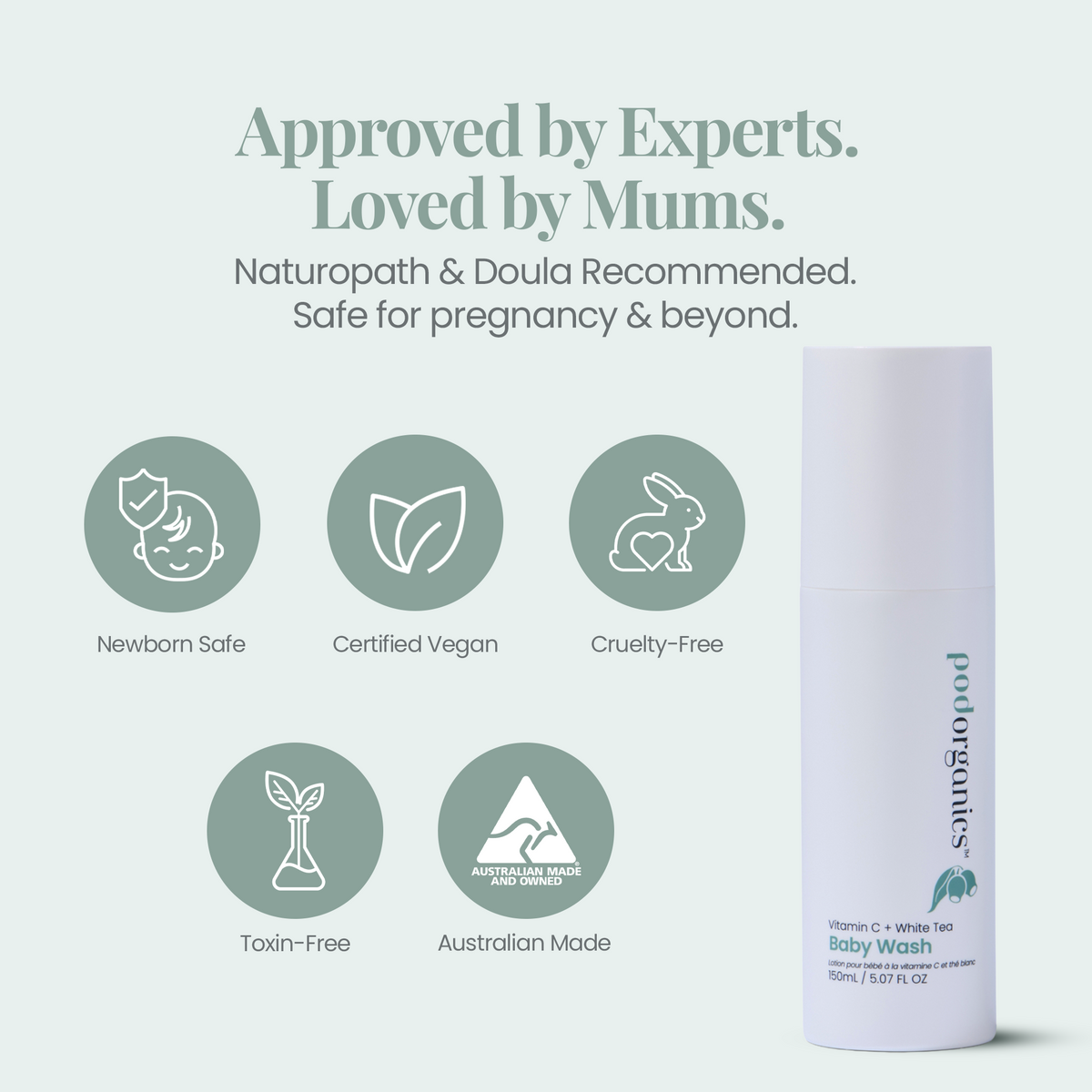 A white Pod Organics Baby Wash tube shown on a pale mint background with marketing text and feature icons. The text reads 'Approved by Experts.