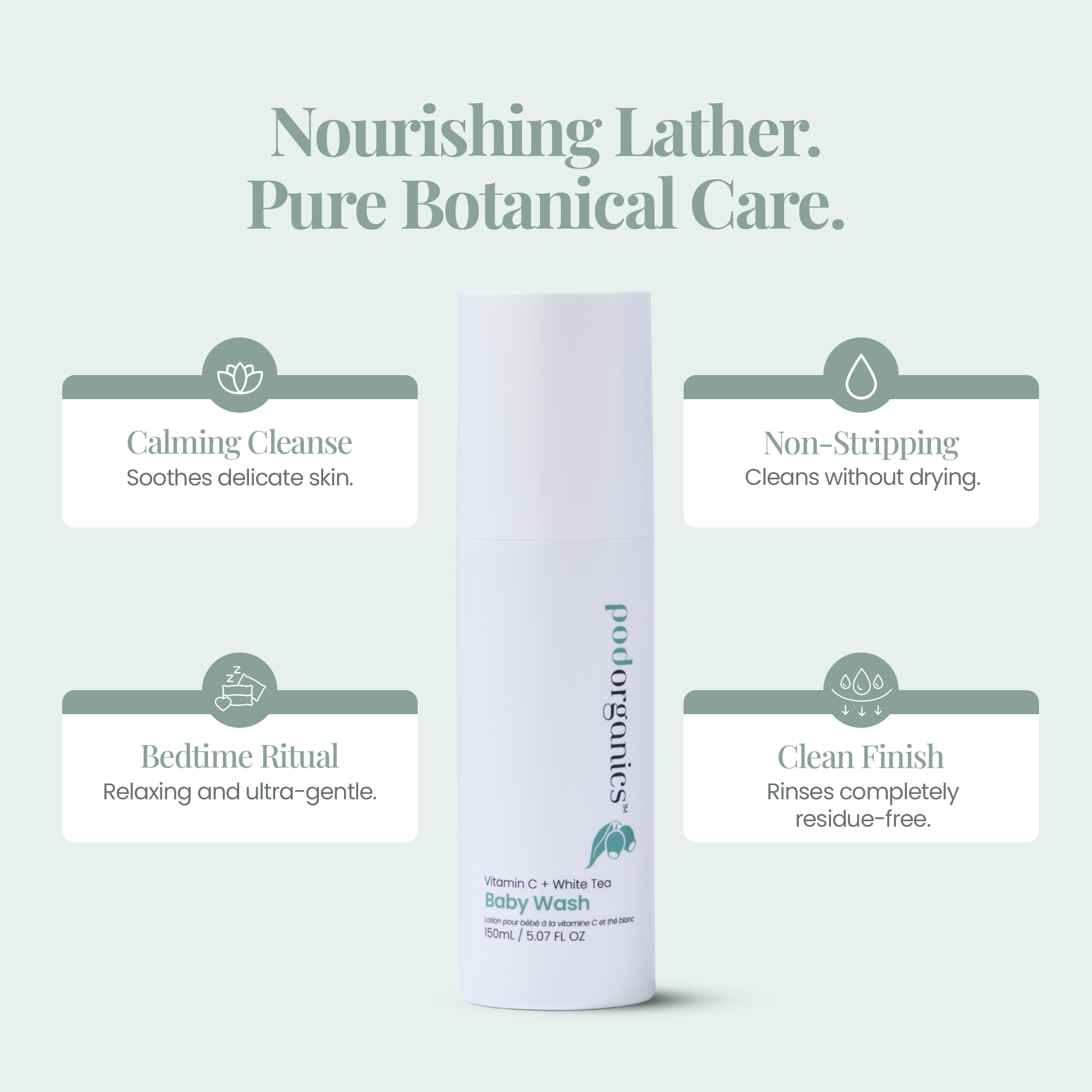Pod Organics Vitamin C + White Tea Baby Wash with four product features on a pale mint background