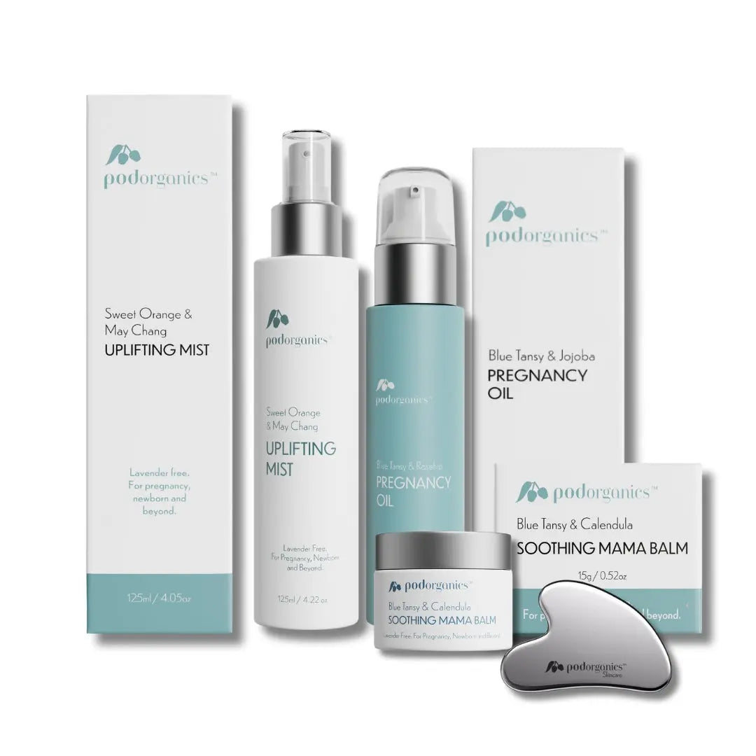 Pod Organics Pregnancy Gift Set with belly oil, mist, nipple balm, and gua sha tool