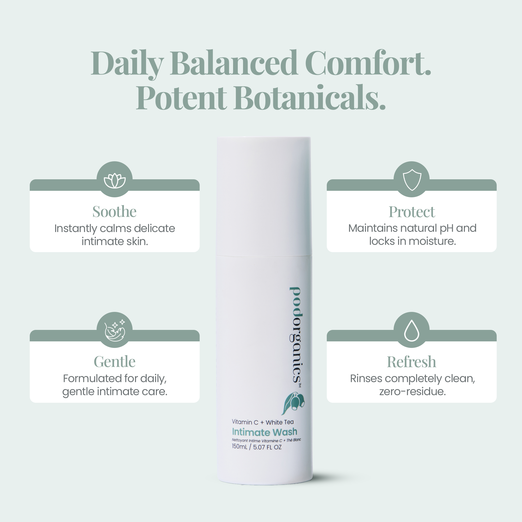 Pod Organics Vitamin C + White Tea Intimate Wash with soothe, protect, gentle and refresh product features