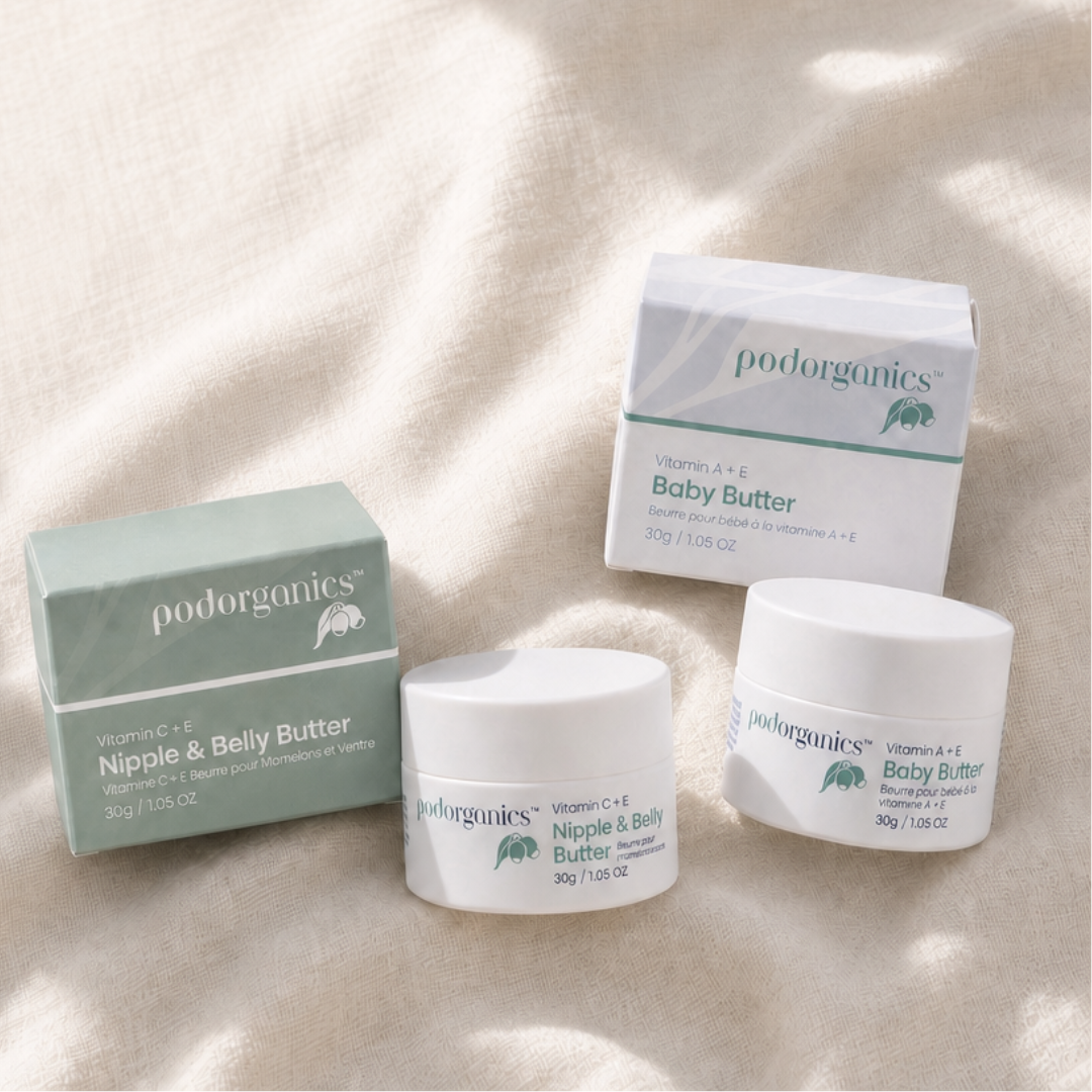 Pod Organics The Little Gift with Nipple Cream &amp; Belly Butter and Vitamin A+E Baby Butter on a white background