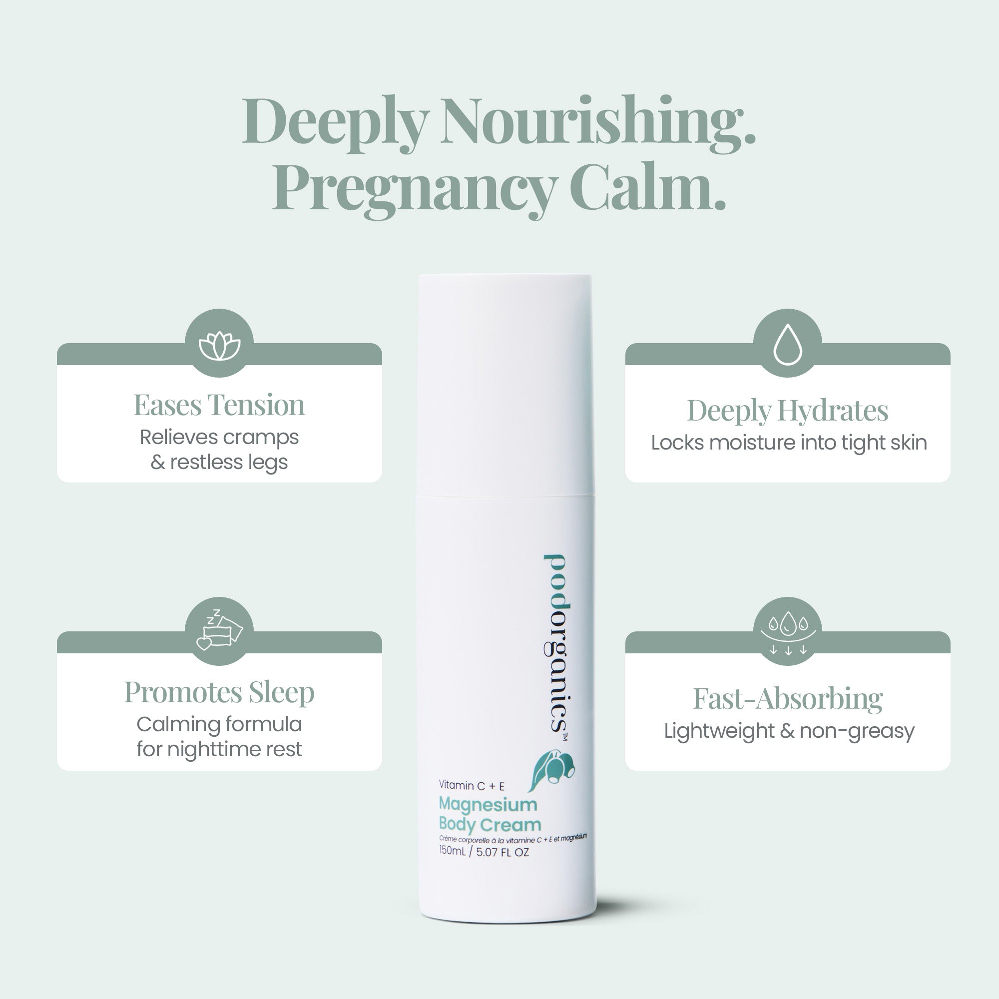 Pod Organics Vitamin C + E Magnesium Body Cream with product features on a pale mint background