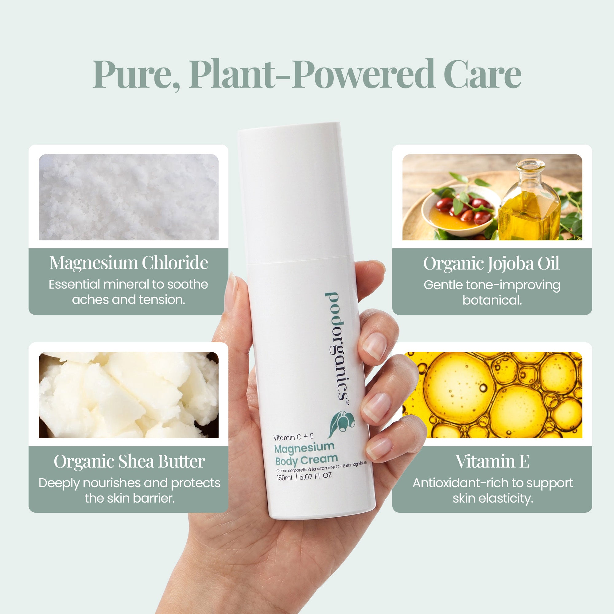 Pod Organics Vitamin C + E Magnesium Body Cream with magnesium chloride, jojoba oil, shea butter and Vitamin E ingredient callouts