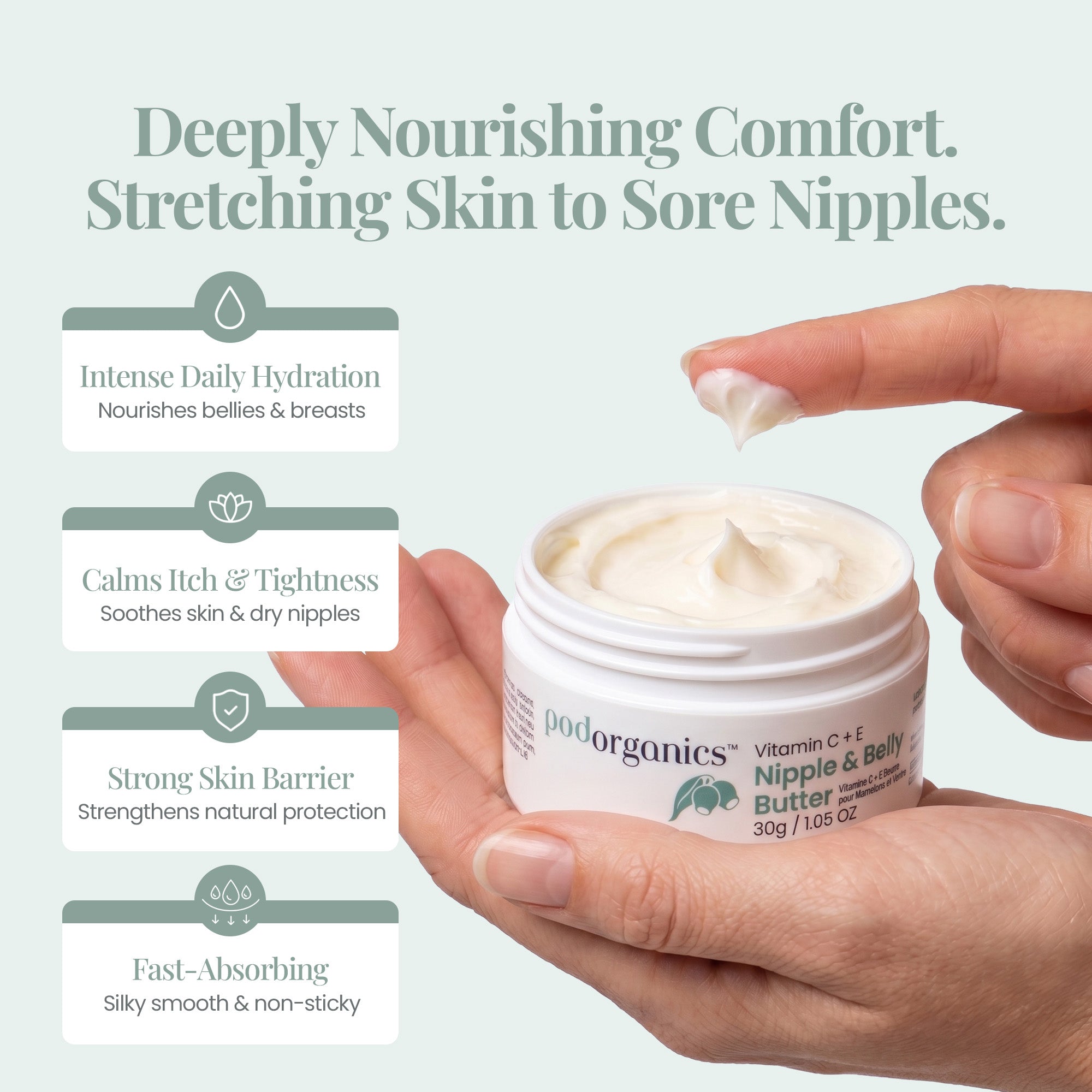 A jar of Pod Organics Nipple Cream &amp; Belly Butter being applied by hand