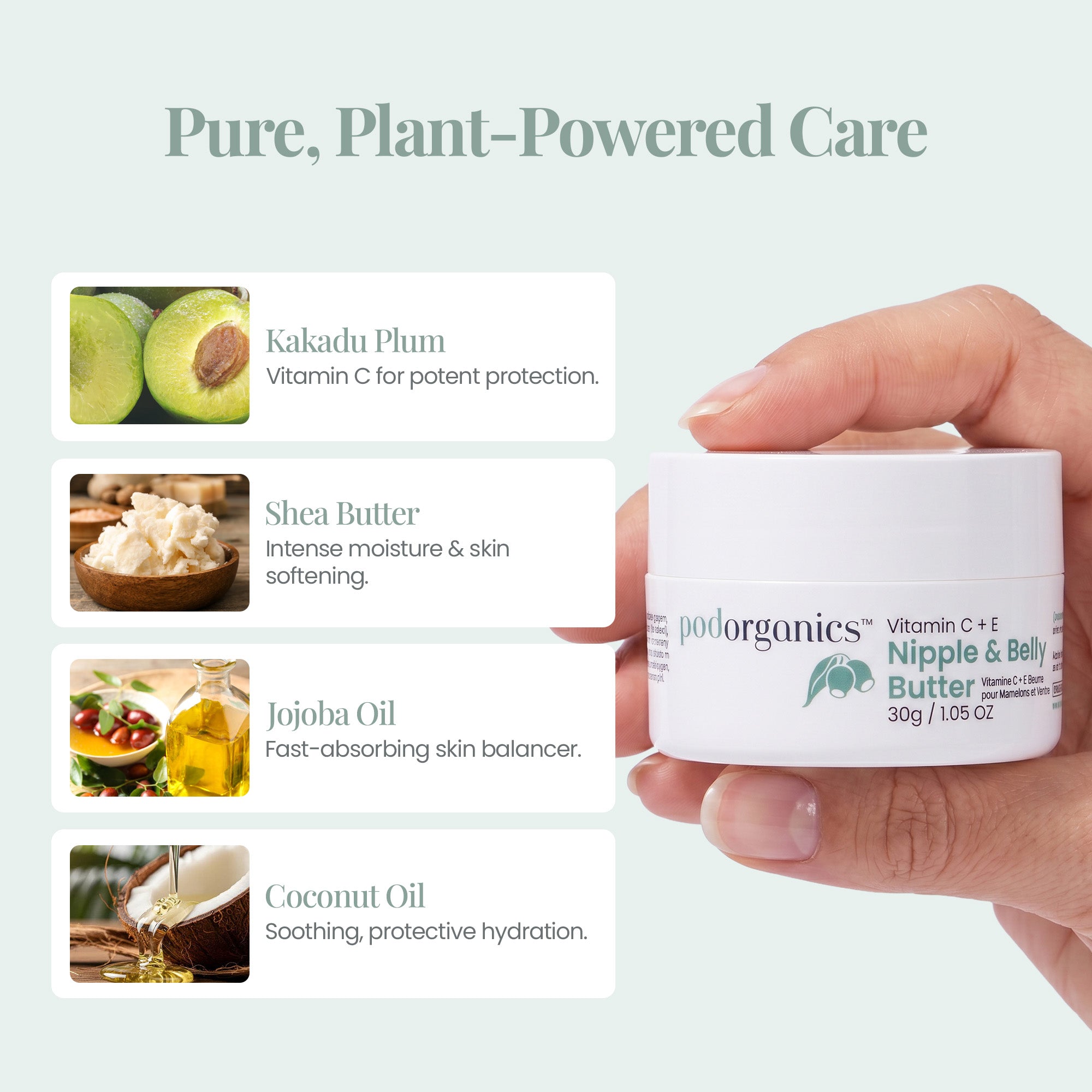 Pod Organics Nipple Cream &amp; Belly Butter with avocado, shea butter, jojoba oil and coconut oil ingredient callouts