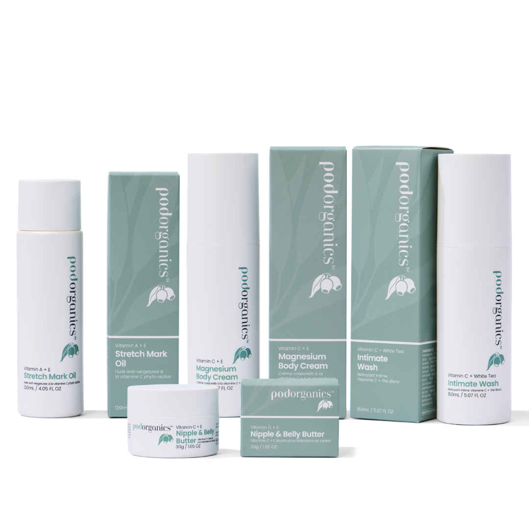 Pod Organics The Pregnancy Ritual Set with stretch mark oil, magnesium body cream, intimate wash and nipple and belly butter on a white background