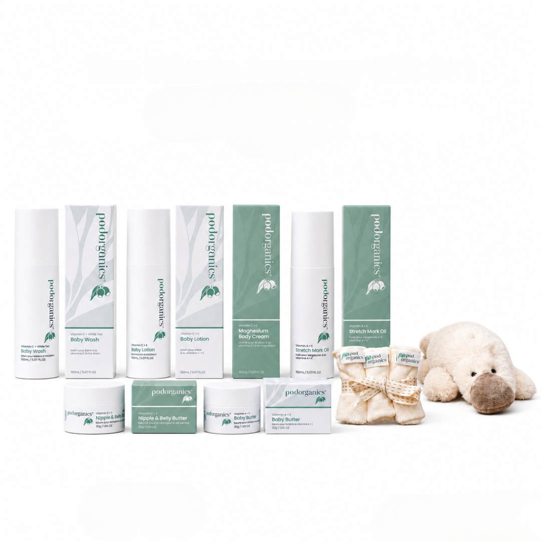 Pod Organics The Whole Journey gift set with eight pregnancy and newborn skincare essentials on a white background