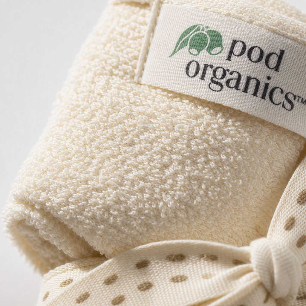 Close-up of a cream-colored terry cloth baby wrap or pouch with a visible Pod Organics label and a matching polka-dot tie at the corner, photographed on a clean light background.