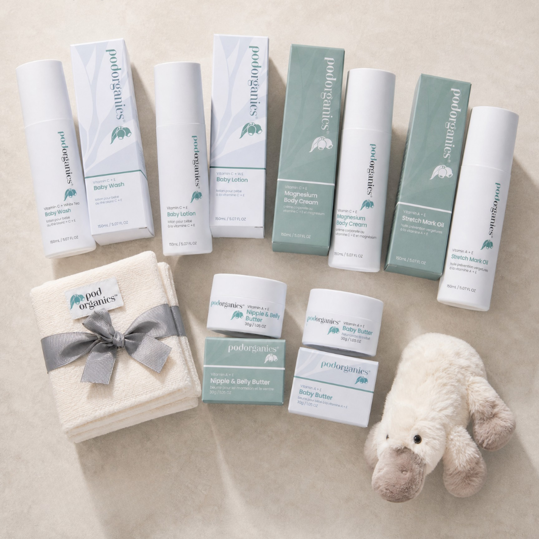 Pod Organics The Whole Journey gift set with eight pregnancy and newborn skincare essentials on a white background