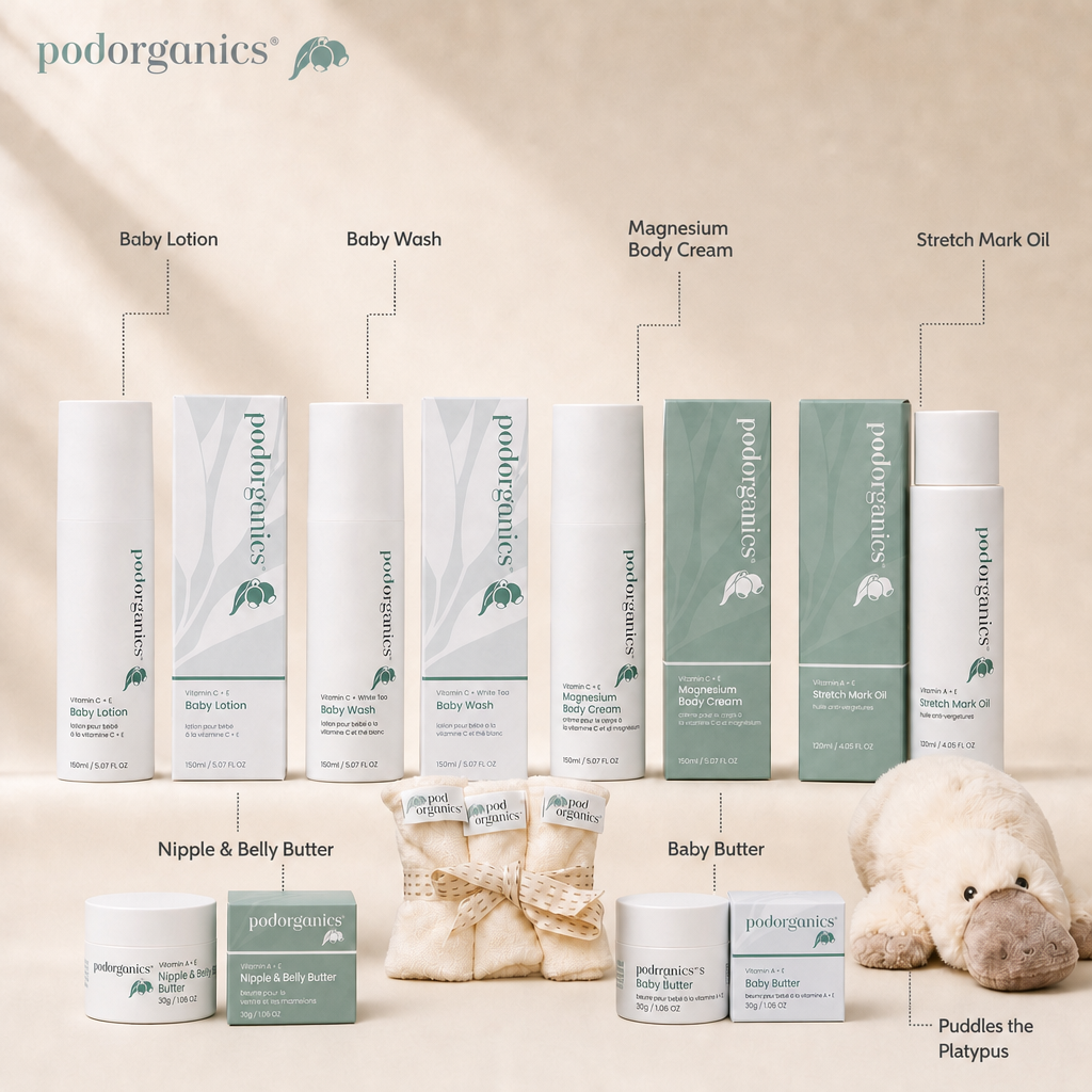 Pod Organics The Whole Journey gift set with eight pregnancy and newborn skincare essentials on a white background